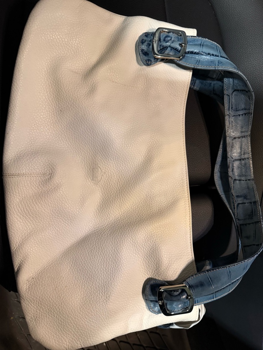 White Leather Shoulder Bag with Blue Croc-Effect Strap PETUSCO - Picture 16 of 16